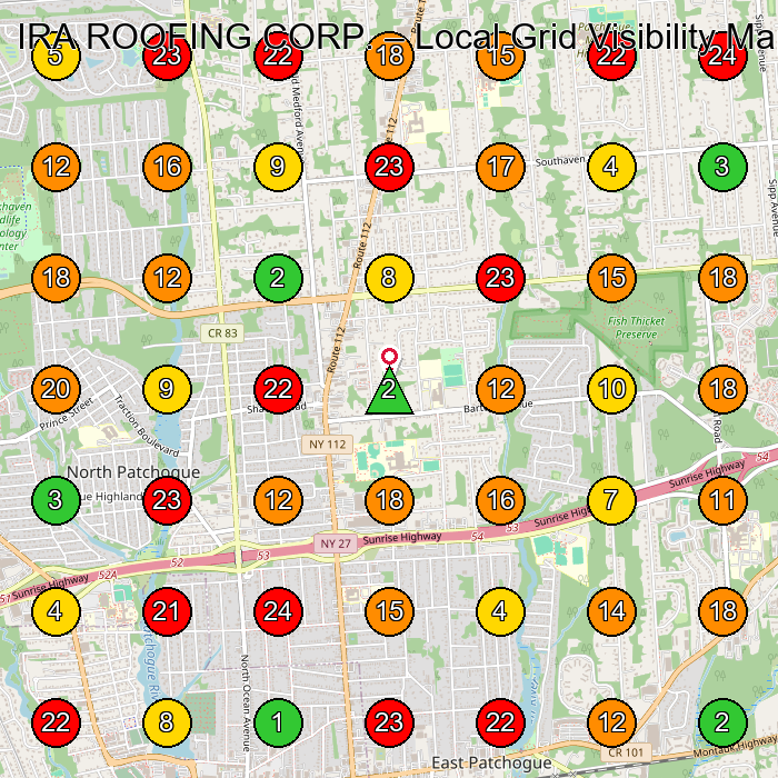 IRA ROOFING CORP. Roofing Contractor GeoGrid ranking map for 630 Old Medford Ave Medford